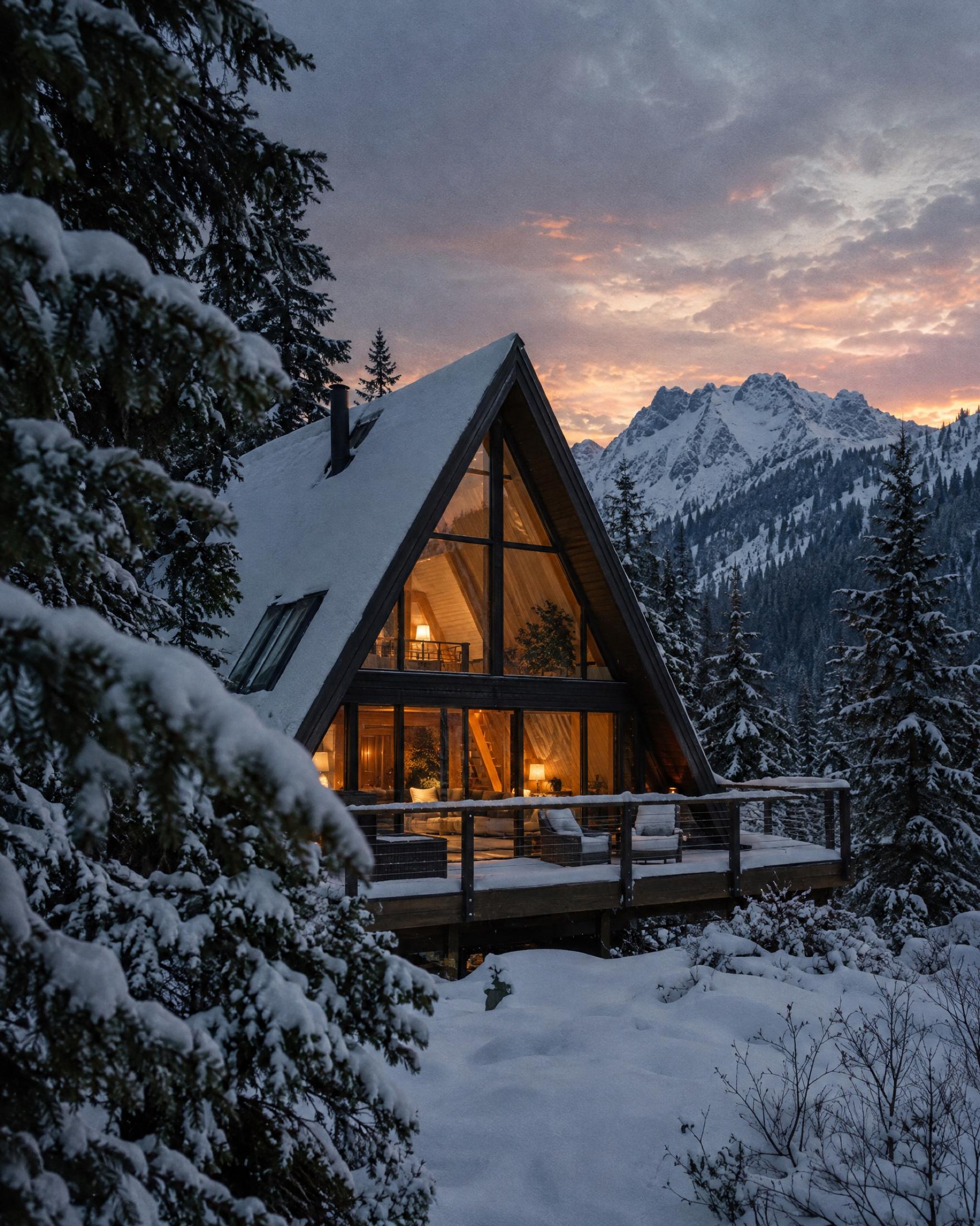 Snow-covered A-frame cabin at dusk with a two-story glass front lit from inside and a snowy deck, snow-laden firs and jagged peaks behind