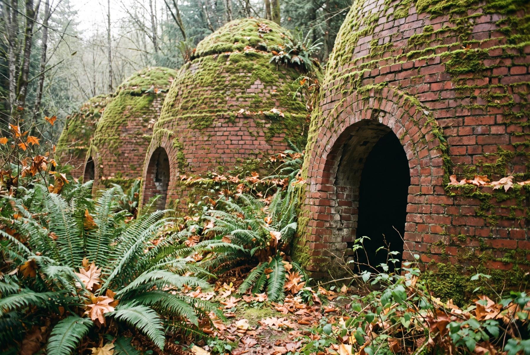Row of old brick beehive ovens covered in moss, with arched openings, sword ferns and fallen leaves in front and forest behind