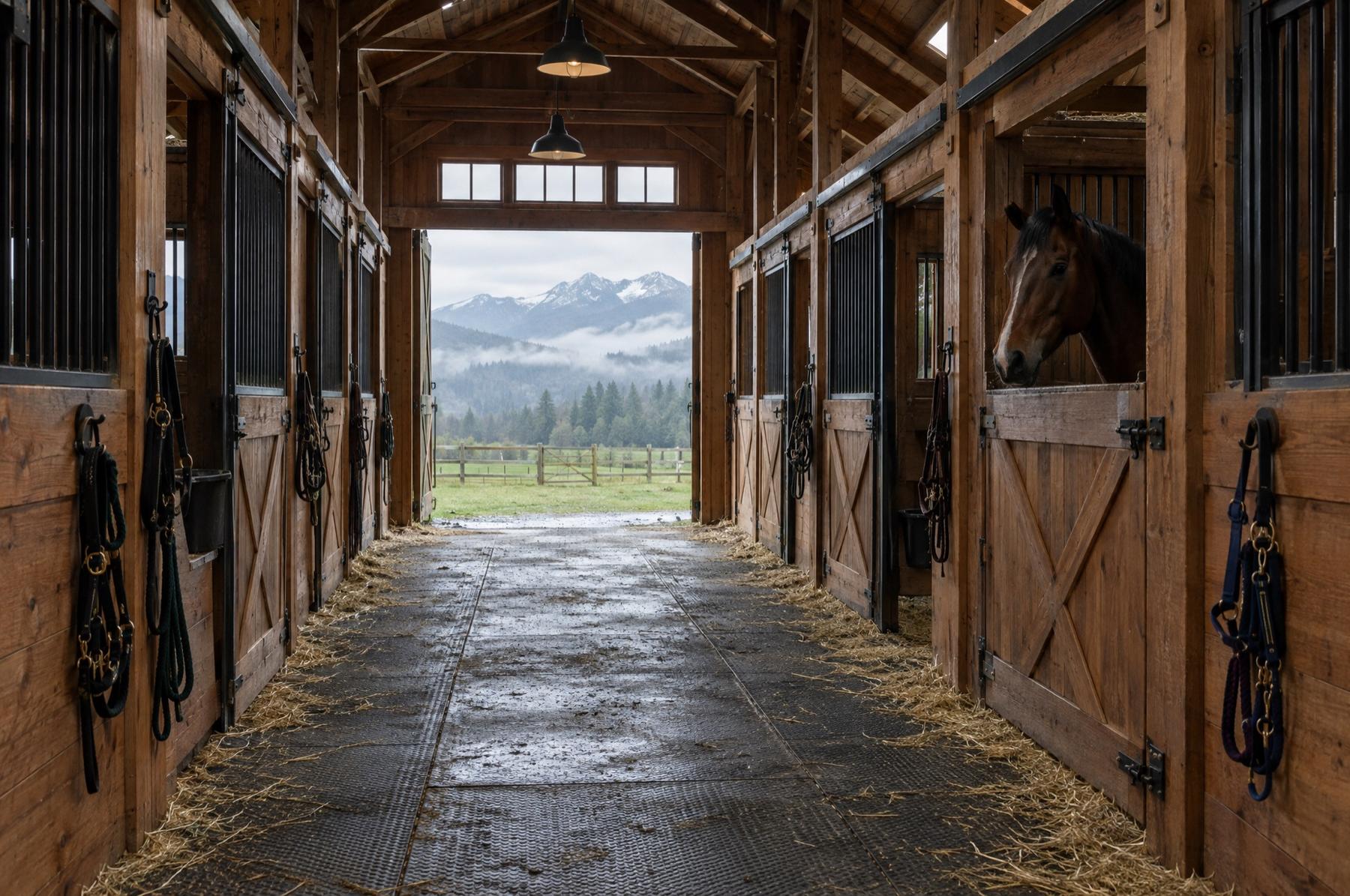 Center-aisle horse barn with wooden stalls on both sides, a horse looking out of one stall, and open doors framing pasture and mountains