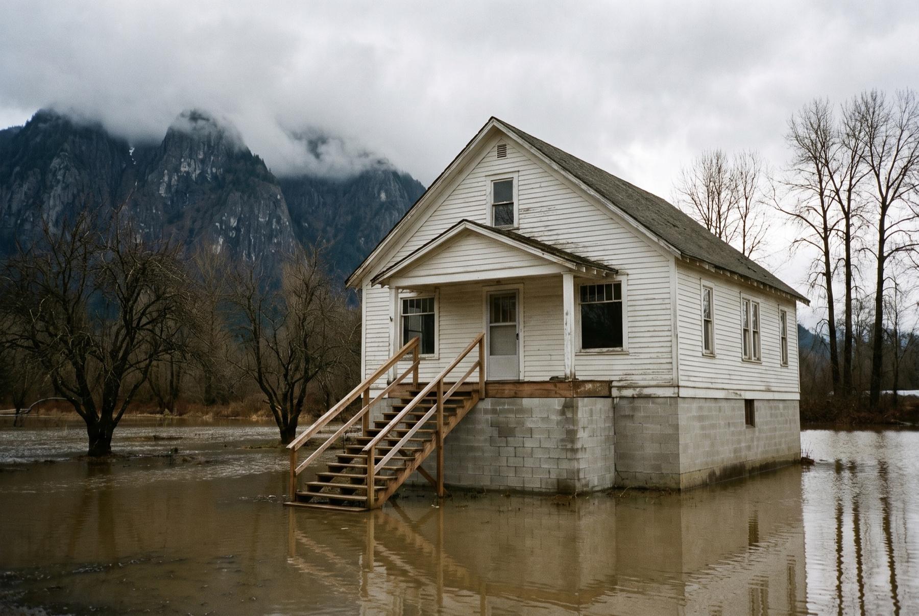 White farmhouse raised on a concrete foundation with high water pooled around it, bare cottonwoods and a steep, cloud-topped mountain behind