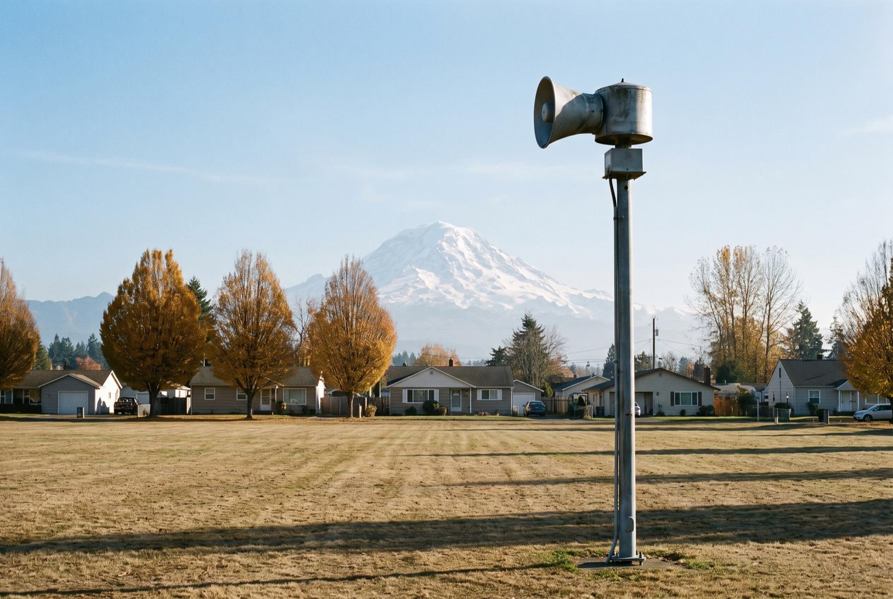 Mount Rainier rising behind a row of small houses and autumn trees, seen across a mowed park with a tall pole-mounted warning siren in the foreground