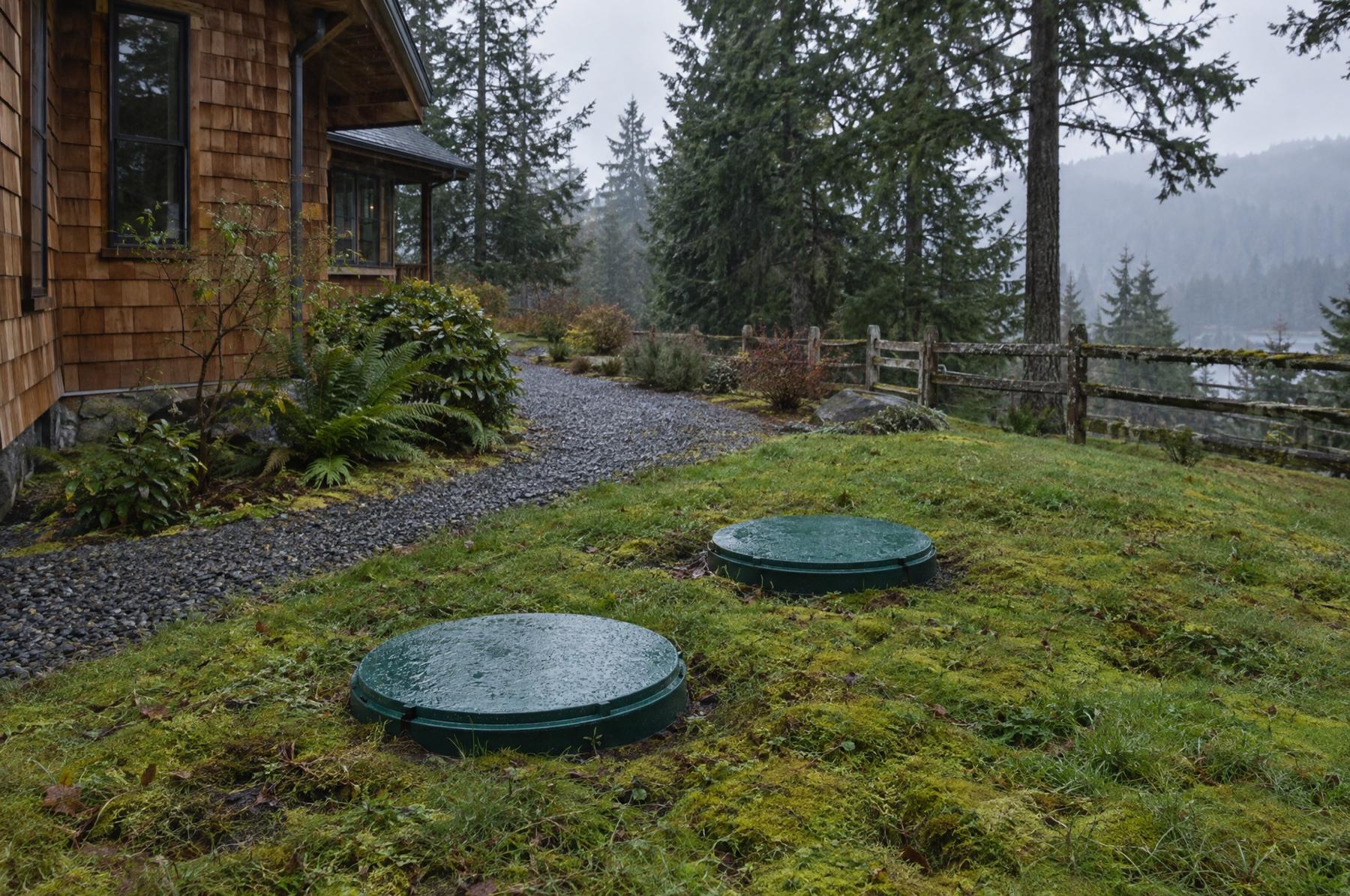 Two green septic tank lids set in a mossy lawn beside a gravel path, a cedar-shingle house on one side and a split-rail fence and firs beyond
