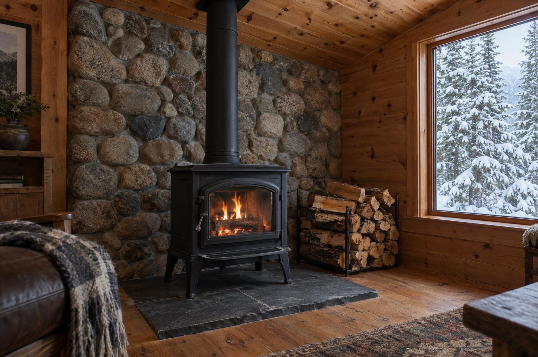 Cast iron woodstove with a fire burning, set on a slate hearth against a river rock wall in a knotty pine cabin, split firewood stacked beside it and snowy firs outside the window