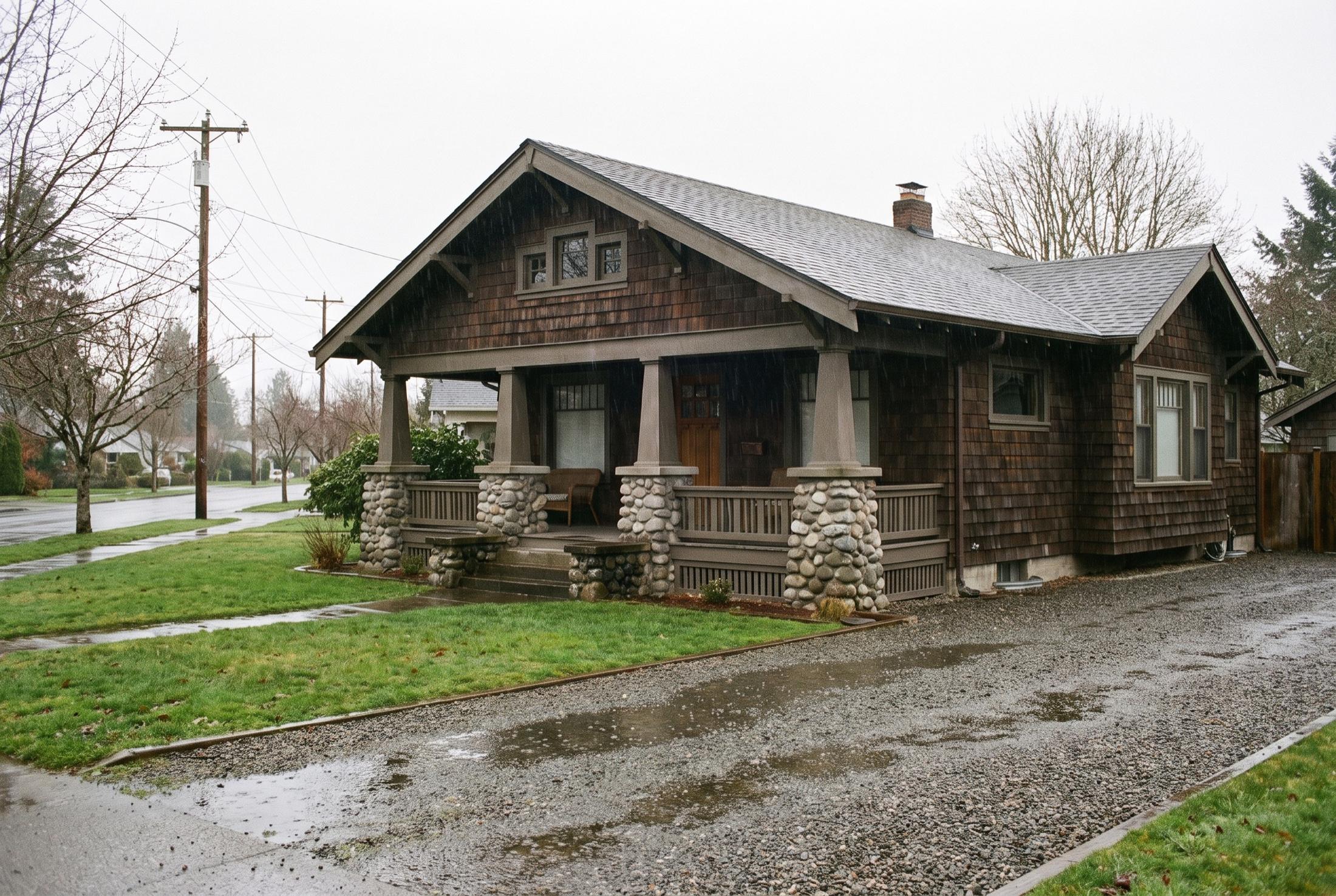 Brown cedar-shingle craftsman bungalow with a covered front porch on river rock piers, a wet lawn, and a gravel driveway on a rainy afternoon