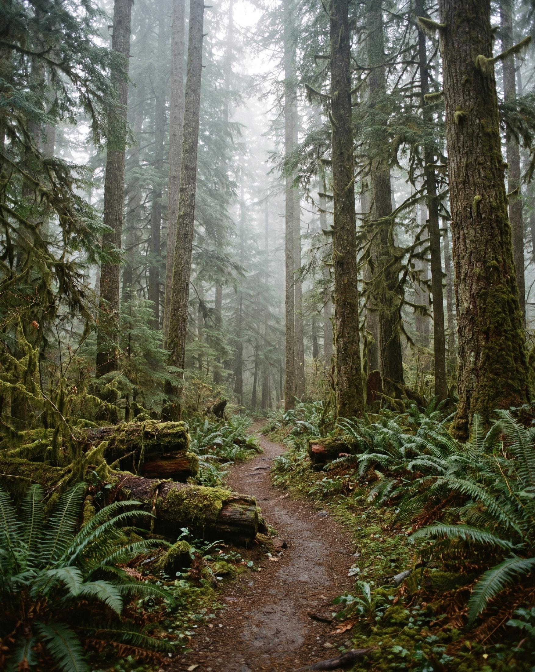 Dirt footpath through a foggy conifer forest, lined with sword ferns and moss-covered fallen logs