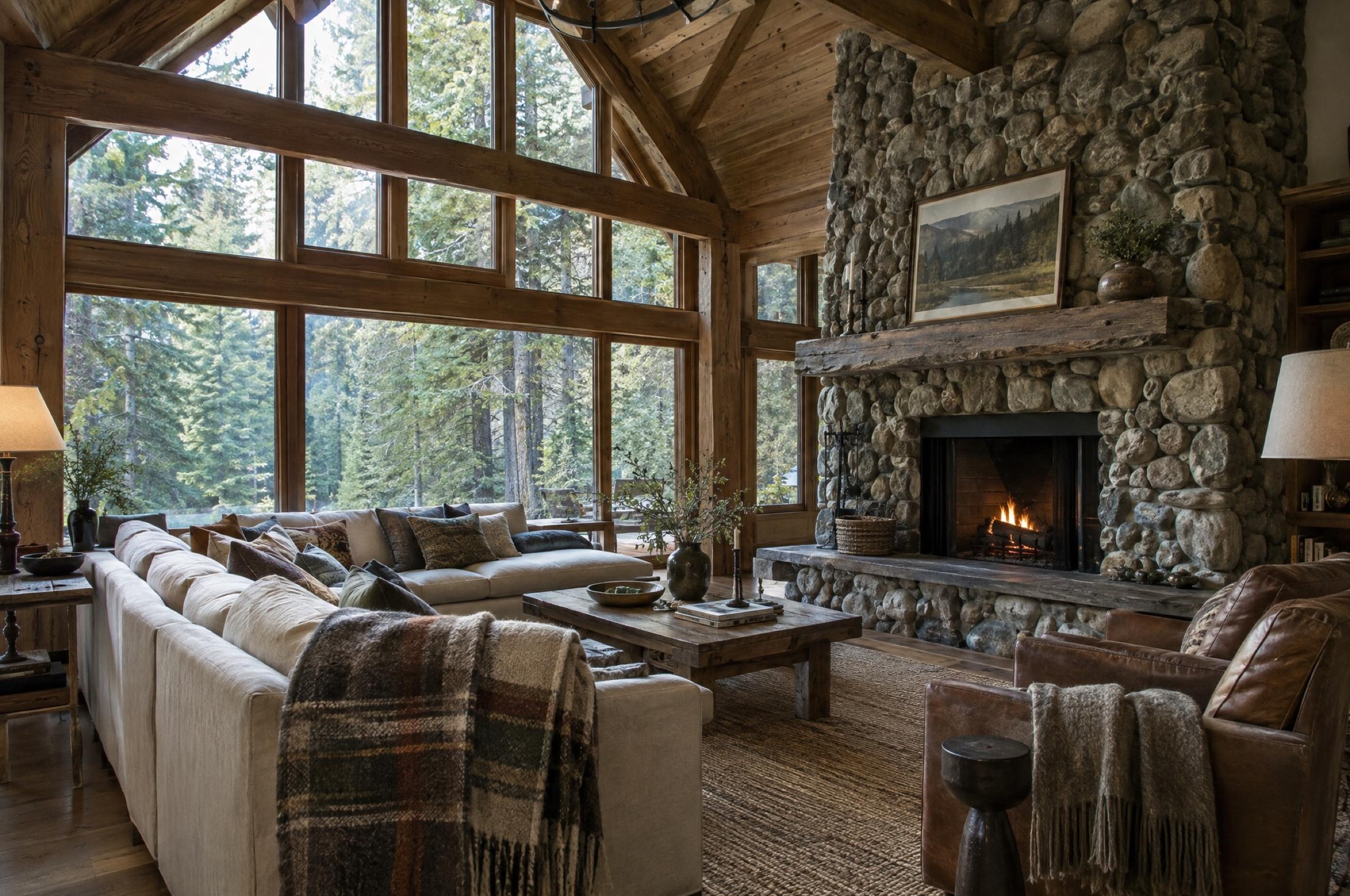 Great room with a vaulted wood ceiling and timber trusses, a floor-to-ceiling river rock fireplace with a lit fire, a linen sectional with a plaid wool throw, and tall windows facing fir trees