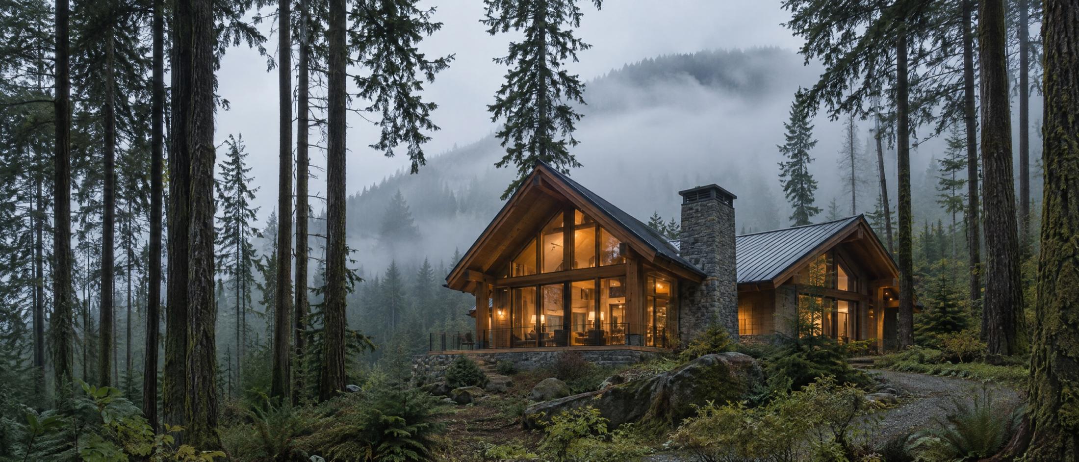 Timber-frame house with a stone chimney and a tall glass gable, windows lit warm from inside, set among tall firs with fog hanging on the hillside behind