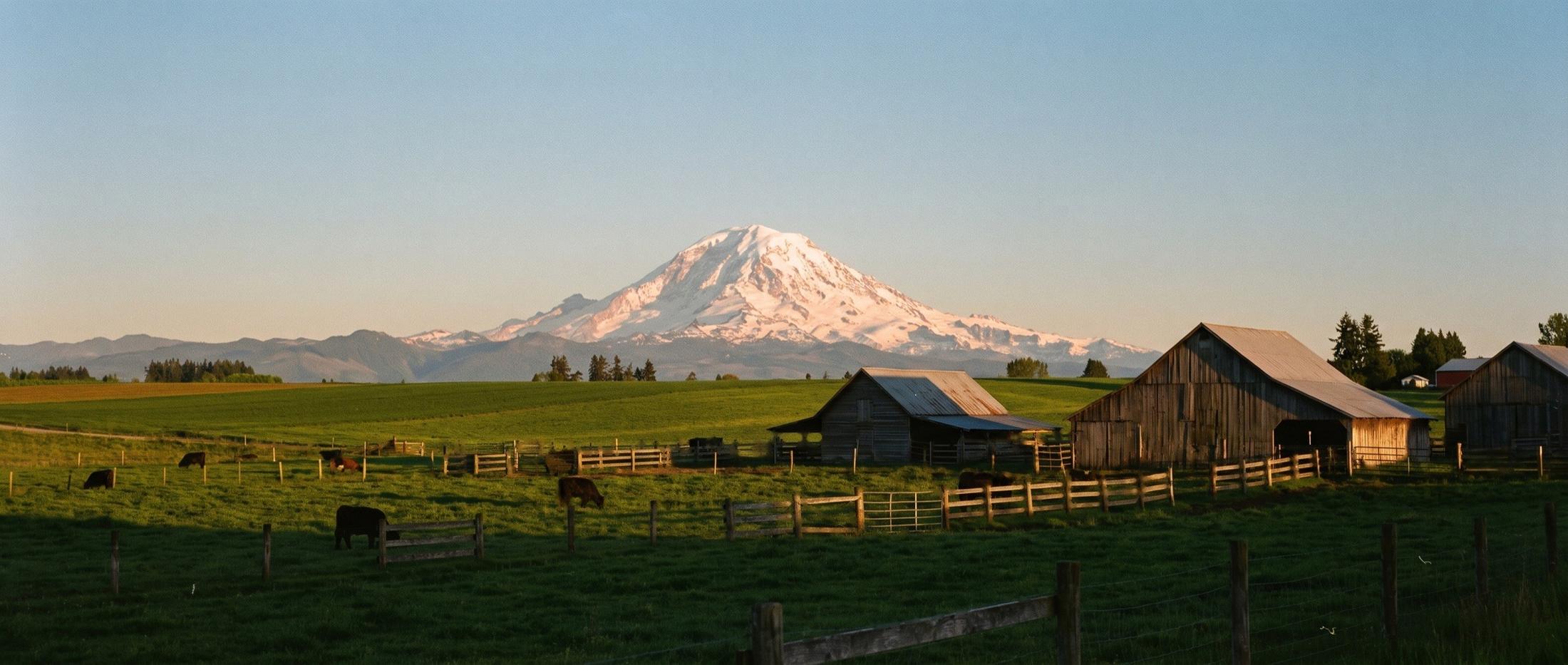 Snow-covered volcanic peak rising above green pasture, weathered wooden barns, rail fences, and grazing cattle in low evening light